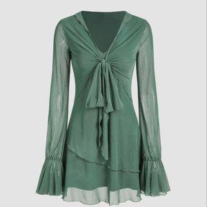 Cider - Mesh Solid Knotted Long Sleeve Mini Dress